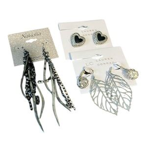 4 Pairs Earrings Silver Gunmetal Rhinestones Leaf Heart Dangle
